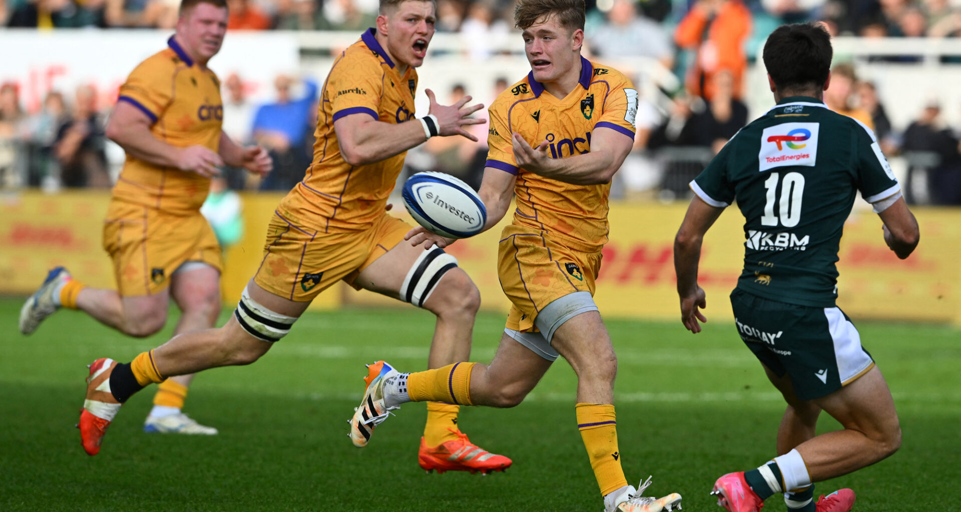 Northampton Saints' Fin Smith passes the ball during his team's 35-27 victory over Pau in the 2025-26 competition