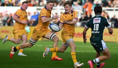 Northampton Saints' Fin Smith passes the ball during his team's 35-27 victory over Pau in the 2025-26 competition