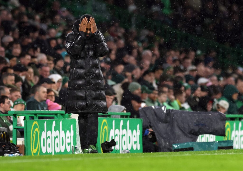 Wilfried Nancy reacts as Celtic concede against Hearts