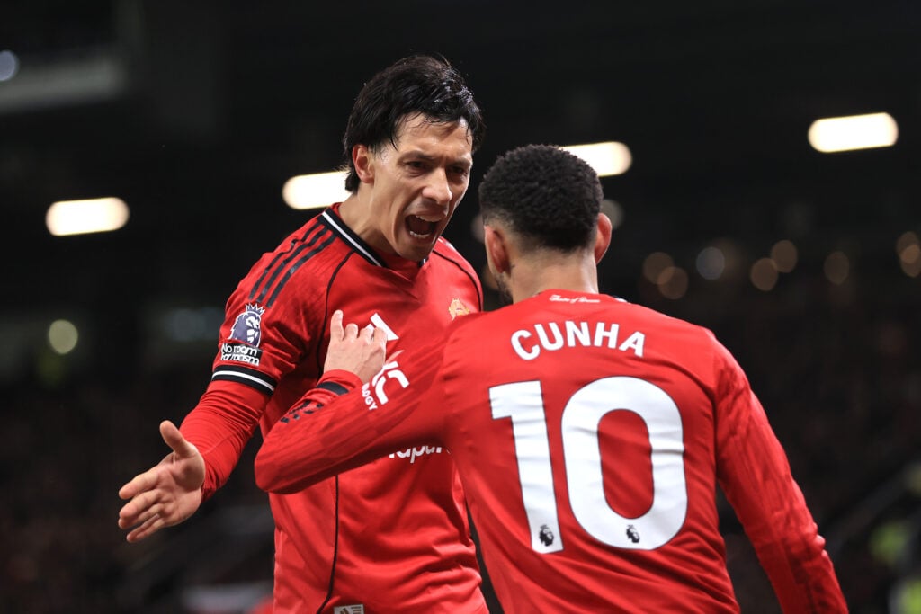 Lisandro Martinez and Matheus Cunha during the Premier League match between Manchester United and Newcastle United at Old Trafford in 2025 in Manchester, England.