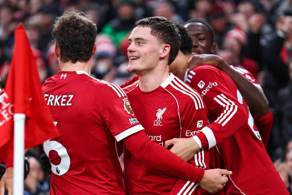 Florian Wirtz of Liverpool celebrates after scoring a goal to make it 2-0 during the Premier League match between Liverpool and Wolverhampton Wanderers