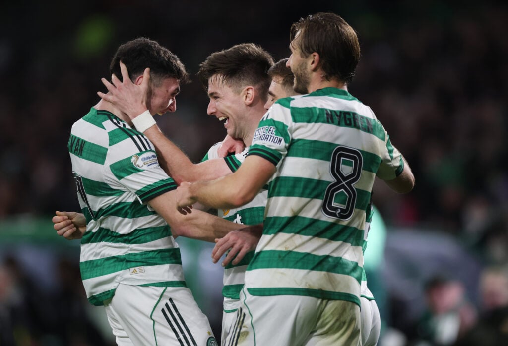 Kieran Tierney celebrates his goal for Celtic against Aberdeen