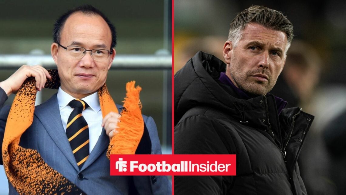 Guo Guangchang in a Wolves scarf alongside Rob Edwards looking concerned