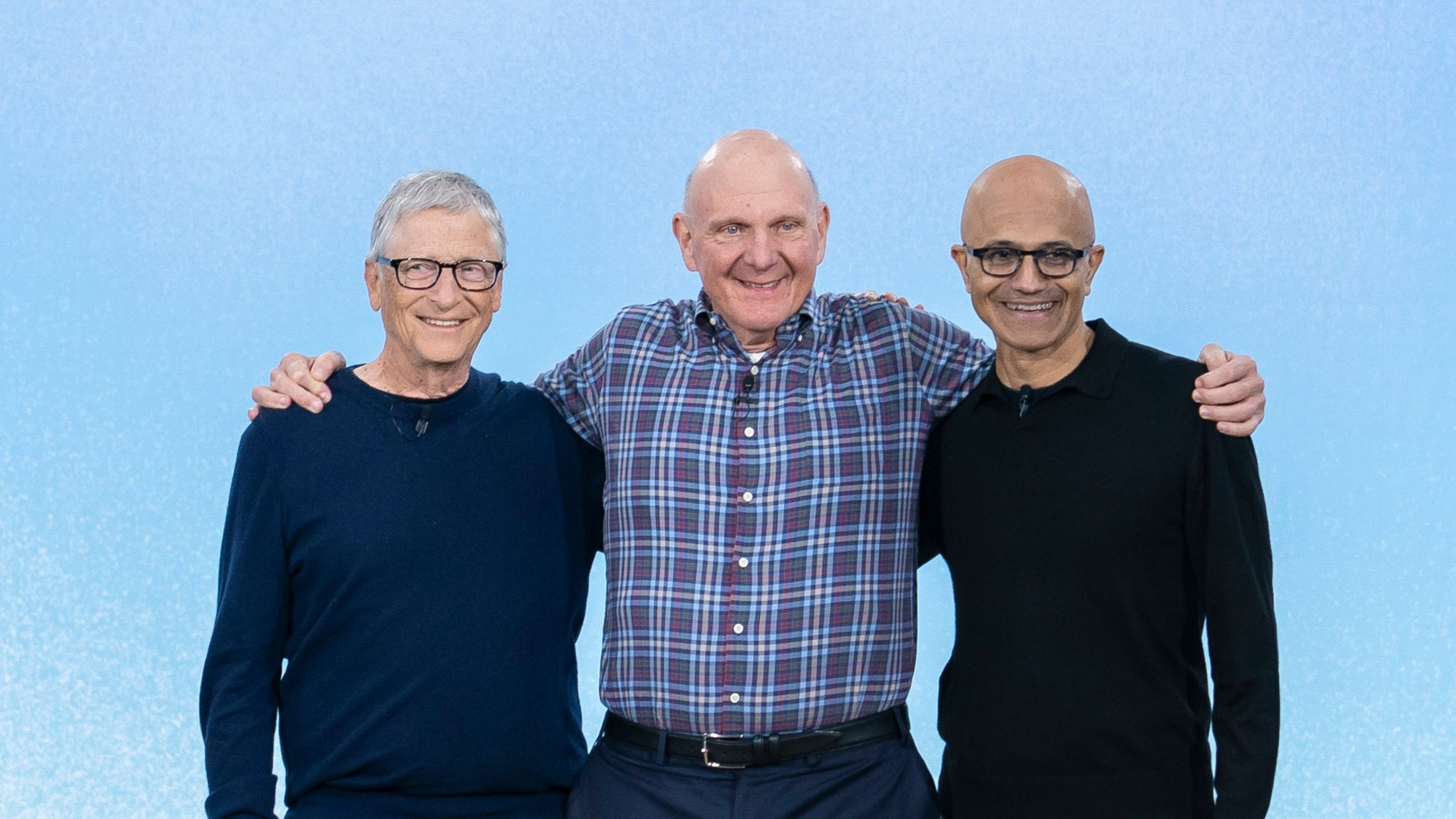 Bill Gates, co-founder and former chief executive officer of Microsoft Corp., from left, Steve Ballmer, former chief executive officer of Microsoft Corp., and Satya Nadella, chief executive officer of Microsoft Corp., during an event commemorating the 50th anniversary of the company at Microsoft headquarters in Redmond, Washington, US, on Friday, April 4, 2025.