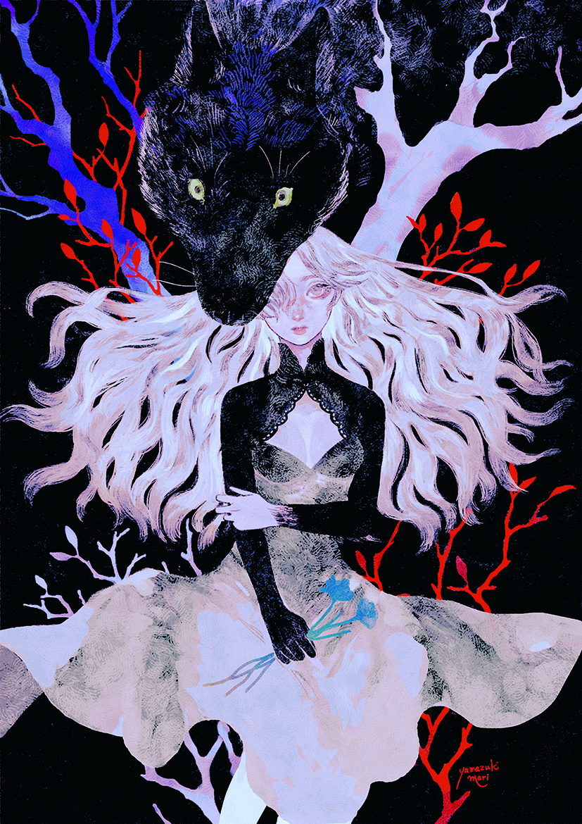 Dark digital art with folk influences showing a female character and a wolf