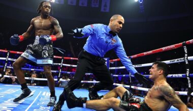 Keyshawn Davis drops Gustavo Lemos as the referee steps in during the second round of their lightweight fight at the Scope Arena in Norfolk, Virginia.
