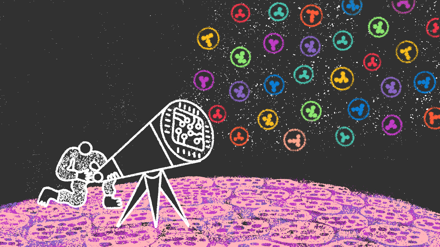 Illustration of a person kneeling and looking through a large telescope on a textured pink surface. The telescope is aimed at a dark sky filled with colorful circular icons, each containing abstract shapes. The telescope itself has circuit-like patterns inside.