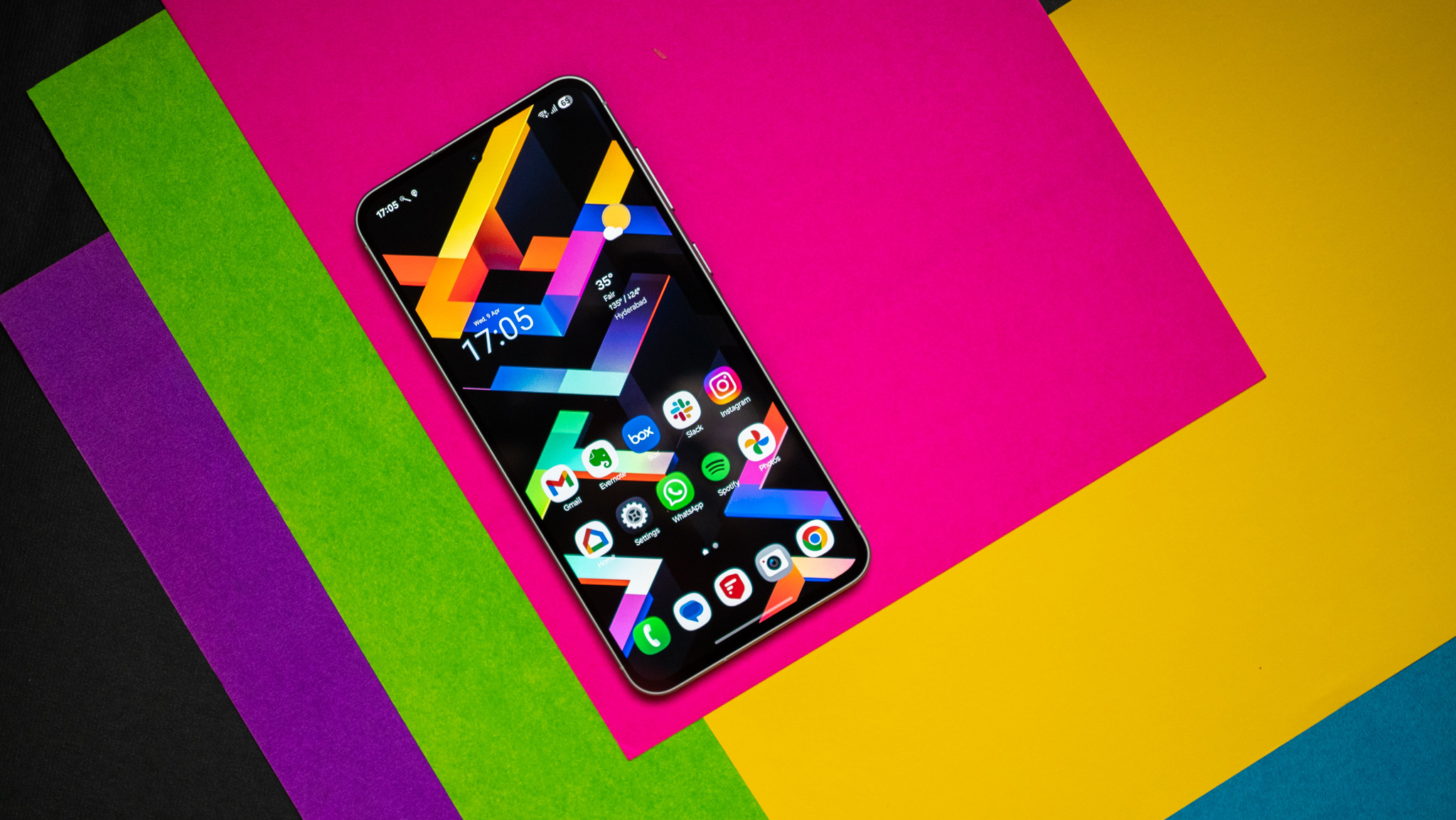 Samsung Galaxy A56 against a colorful background