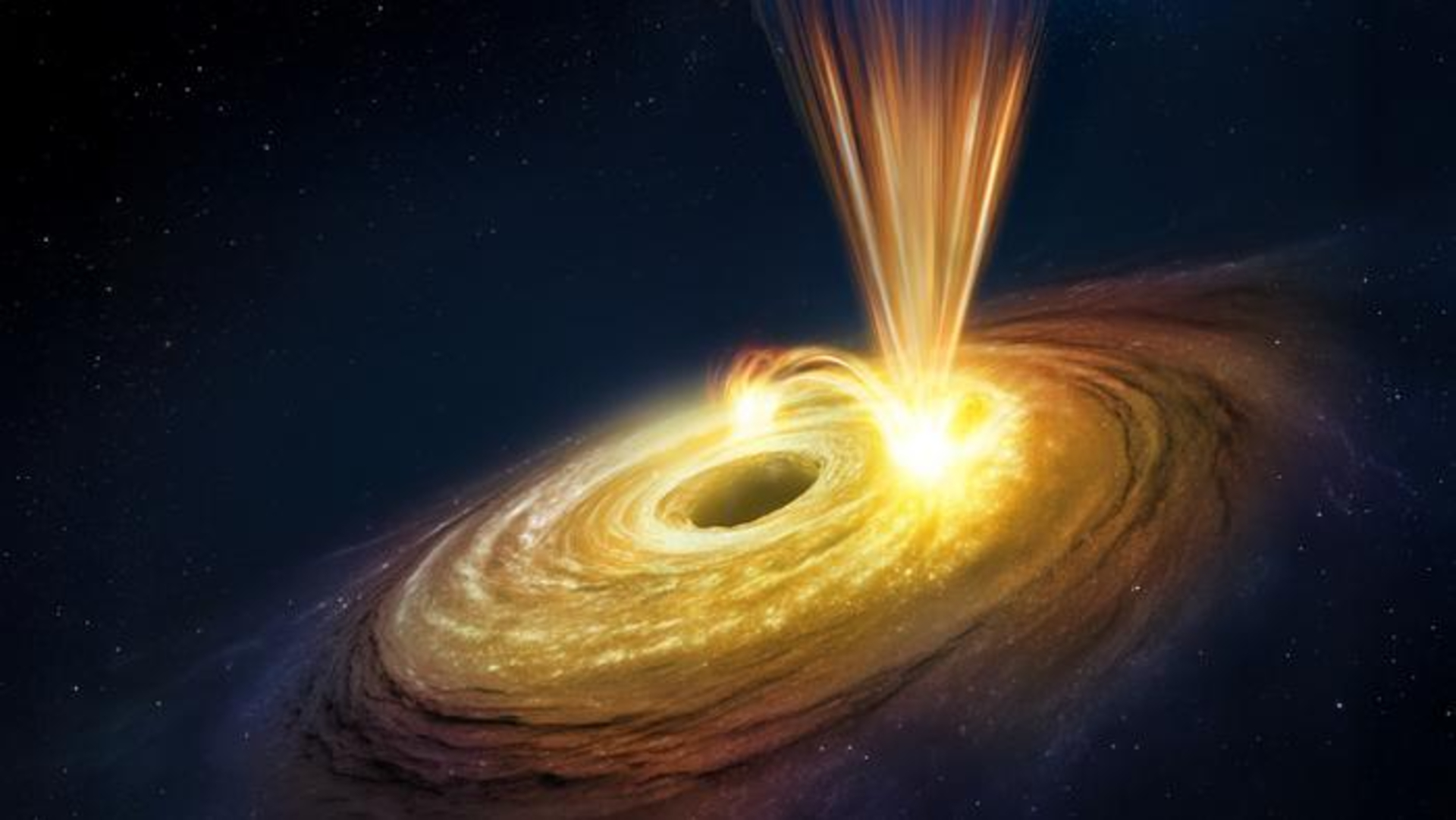 An illustration of a black hole with golden rings of gas and dust around it with a jet of energy shooting upwards on its right side.
