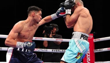 Ernesto Mercado lands a straight left on Jose Zepeda during their January 25, 2025 fight in Las Vegas, Nevada.