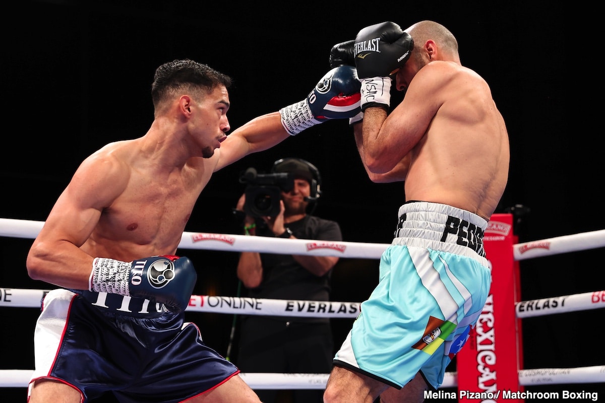 Ernesto Mercado lands a straight left on Jose Zepeda during their January 25, 2025 fight in Las Vegas, Nevada.