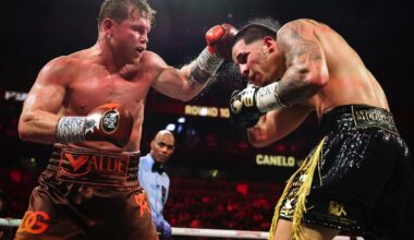 Canelo Álvarez lands a right hand on Edgar Berlanga during their super-middleweight bout on September 14, 2024, at T-Mobile Arena in Las Vegas.