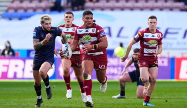 - 30/03/2025 - Rugby League - Betfred Super League - Wigan Warriors v Salford Red Devils - The Brick Community Stadium, Wigan, England - Patrick Mago of Wigan breaks through the Salford defence