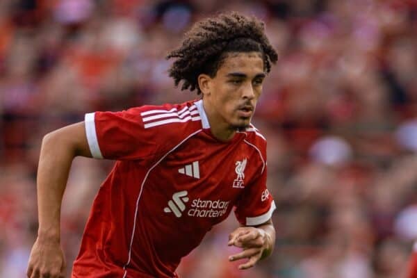 LIVERPOOL, ENGLAND - Monday, August 4, 2025: Liverpool's Jayden Danns during a pre-season friendly match between Liverpool FC and Athletic Bilbao at Anfield. (Photo by David Rawcliffe/Propaganda)