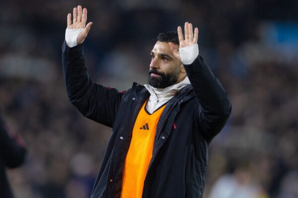 LEEDS, ENGLAND - Saturday, December 6, 2025: Liverpool's unused substitute Mohamed Salah appreciating the traveling supporters after the FA Premier League match between Leeds United FC and Liverpool FC at Elland Road. (Photo by David Rawcliffe/Propaganda)
