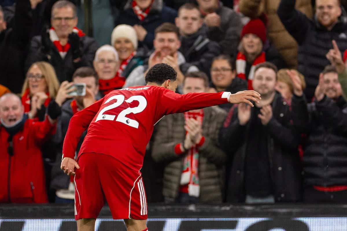 LIVERPOOL, ENGLAND - Saturday, December 13, 2025: Liverpool's Hugo Ekitike celebrates after scoring the second goal during the FA Premier League match between Liverpool FC and Brighton & Hove Albion FC at Anfield. (Photo by David Rawcliffe/Propaganda)