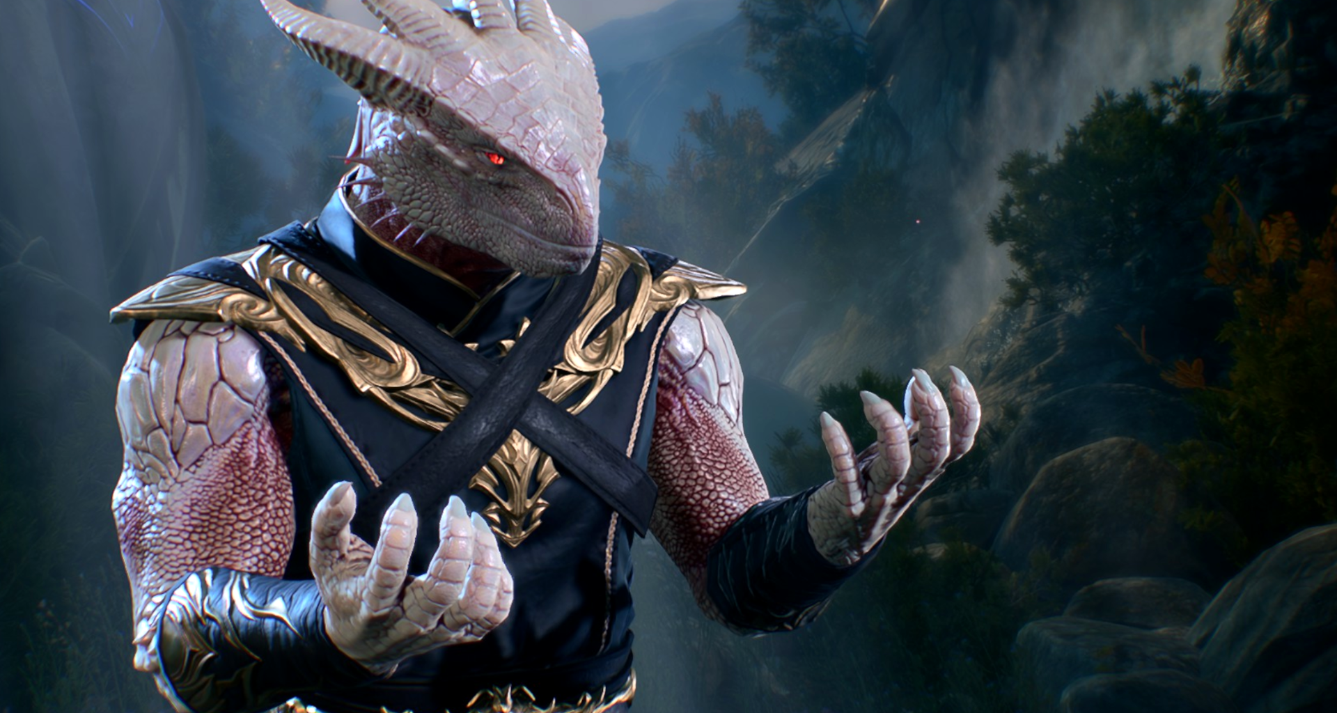 The Dark Urge, from Baldur's Gate 3, looks towards his accursed claws with self-disdain.