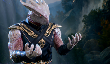 The Dark Urge, from Baldur's Gate 3, looks towards his accursed claws with self-disdain.