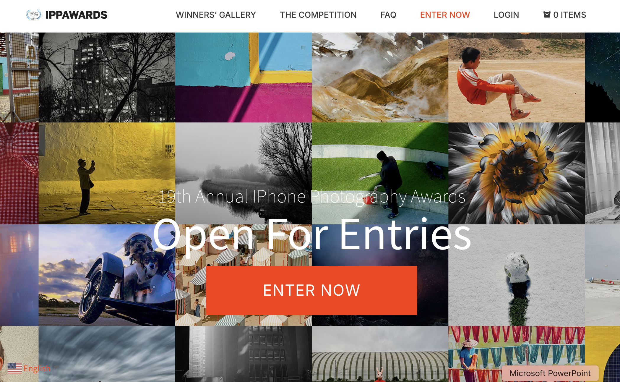 The website for the iPhone Photography Awards, featuring a photo grid montage of various images and a large overlay reading "Open For Entries" with an orange "ENTER NOW" button.