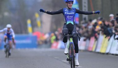 Lucinda Brand celebrates as she crosses the finish line to win the women's elite race of the Azencross
