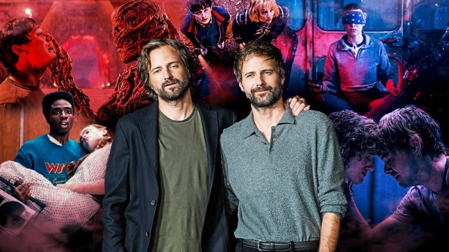 The Duffer Brothers against a background of images from Stranger Things