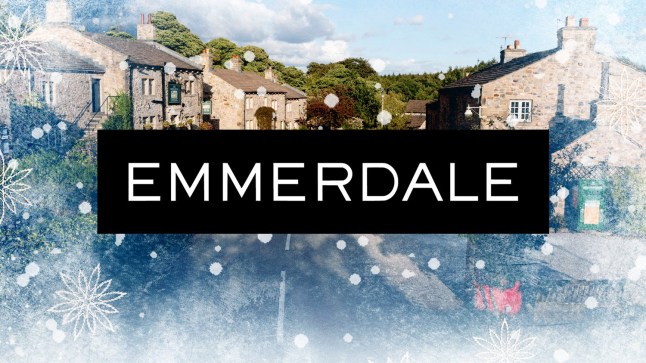 The Emmerdale logo with a snowy background