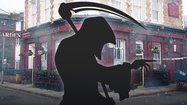 The grim reaper in front of the Queen Vic pub