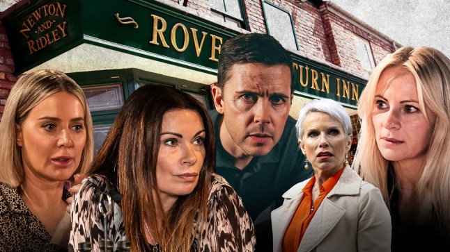 Abi, Carla, Todd, Debbie and Lisa in front of the Rovers in Corrie