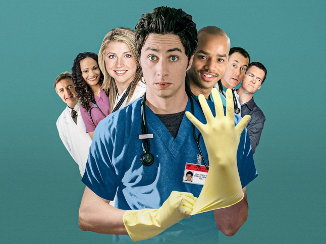 From ABC Studios Scrubs on ITVX Pictured: Bob Kelso [Ken Jenkins], Carla Espinosa [Judy Reyes], Elliot Reid [Sarah Chalke], John Michael 