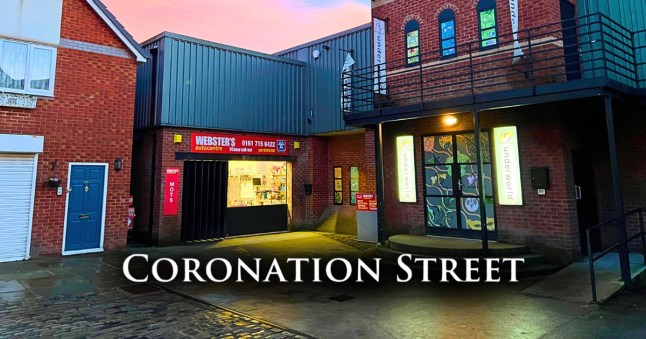 A view of the garage and Underworld at sunset in Coronation Street.