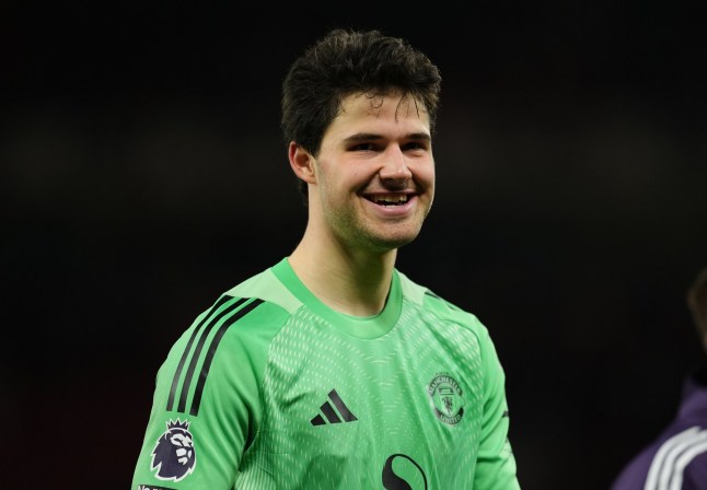 Manchester United goalkeeper Senne Lammens celebrates at the final whistle after the Premier League match at Old Trafford, Manchester. Picture date: Friday December 26, 2025. PA Photo. Photo credit should read: Martin Rickett/PA Wire. RESTRICTIONS: EDITORIAL USE ONLY No use with unauthorised audio, video, data, fixture lists, club/league logos or 
