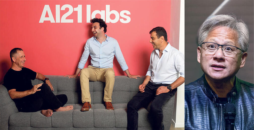 ג'נסן הואנג ו ai21 מימין מייסדי AI21 Labs אמנון שעשוע אורי גושן ופרופ' יואב שוהם