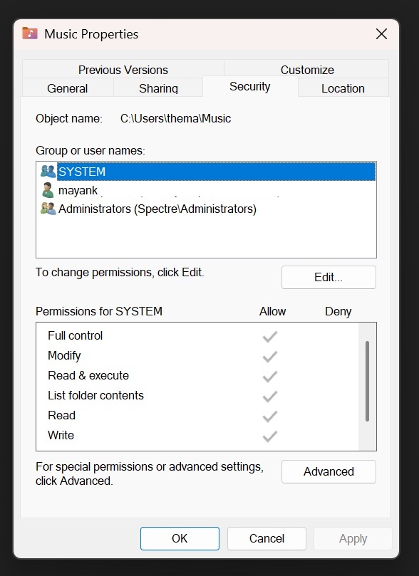 Security properties in File Explorer