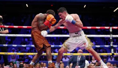 William Zepeda lands a right hook to the body of Shakur Stevenson during their fight on July 12, 2025, at Louis Armstrong Stadium in Queens, New York.
