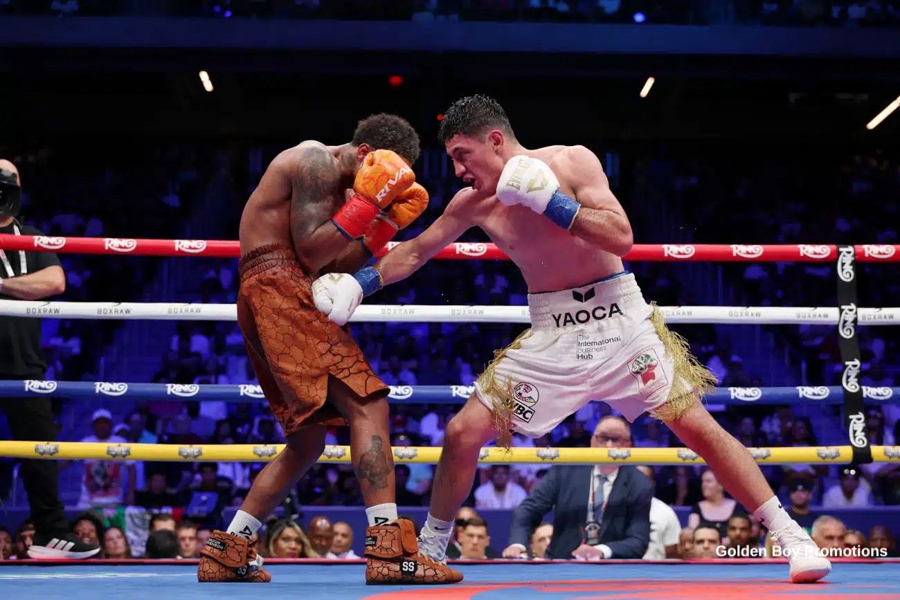 William Zepeda lands a right hook to the body of Shakur Stevenson during their fight on July 12, 2025, at Louis Armstrong Stadium in Queens, New York.