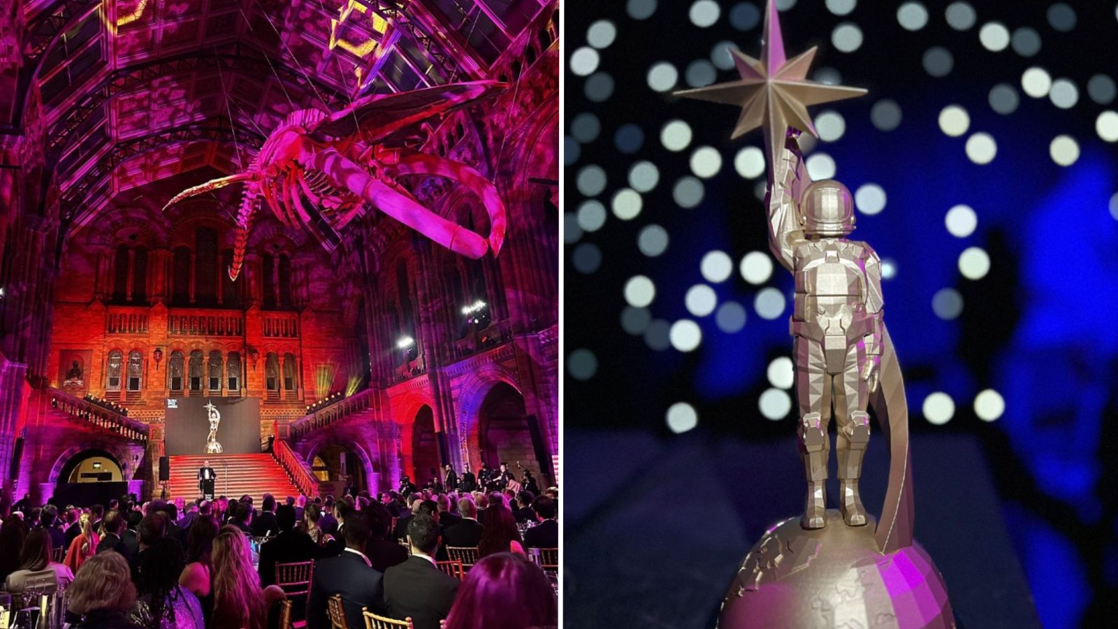 Side by side photos of an awards ceremony and a trophy shaped like an astronaut