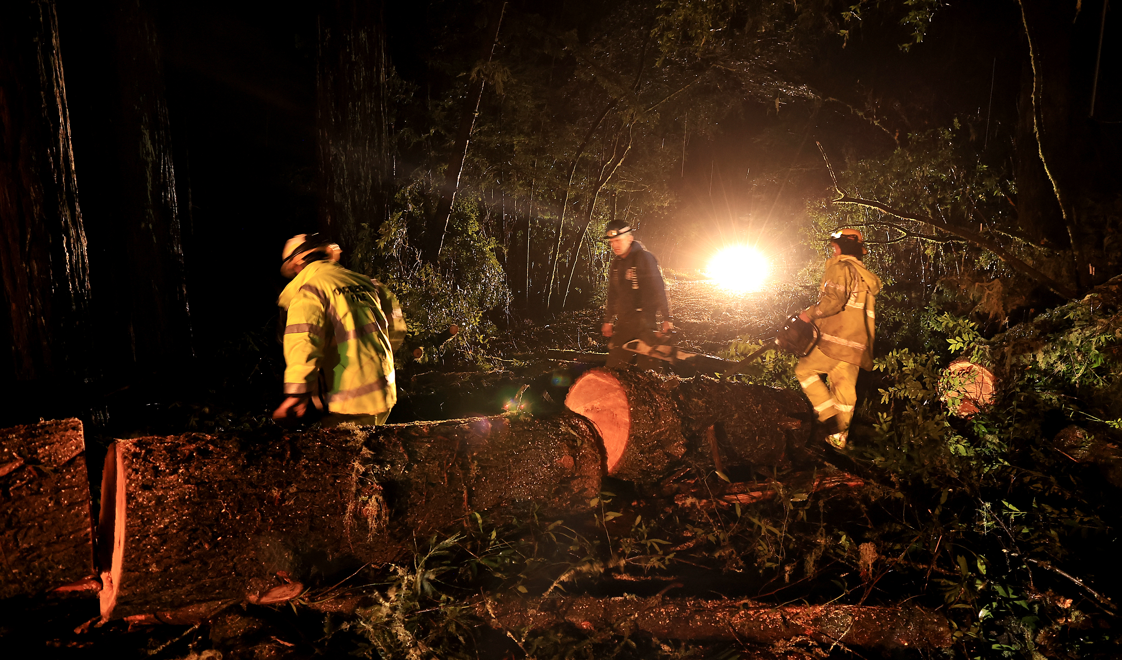 Occidental Volunteer Fire Department personnel begin to chainsaw numerous large...
