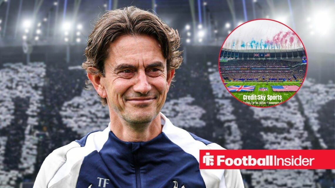 Thomas Frank looking happy with Tottenham's stadium included in a circular inset