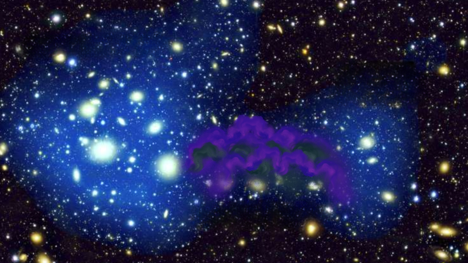 An illustration shows a "dark matter bridge" stretching between two colliding galaxies