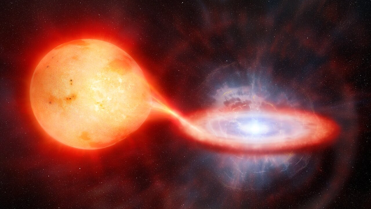 An illustration of a nova explosion erupting after a white dwarf siphons too much material from its larger stellar companion.