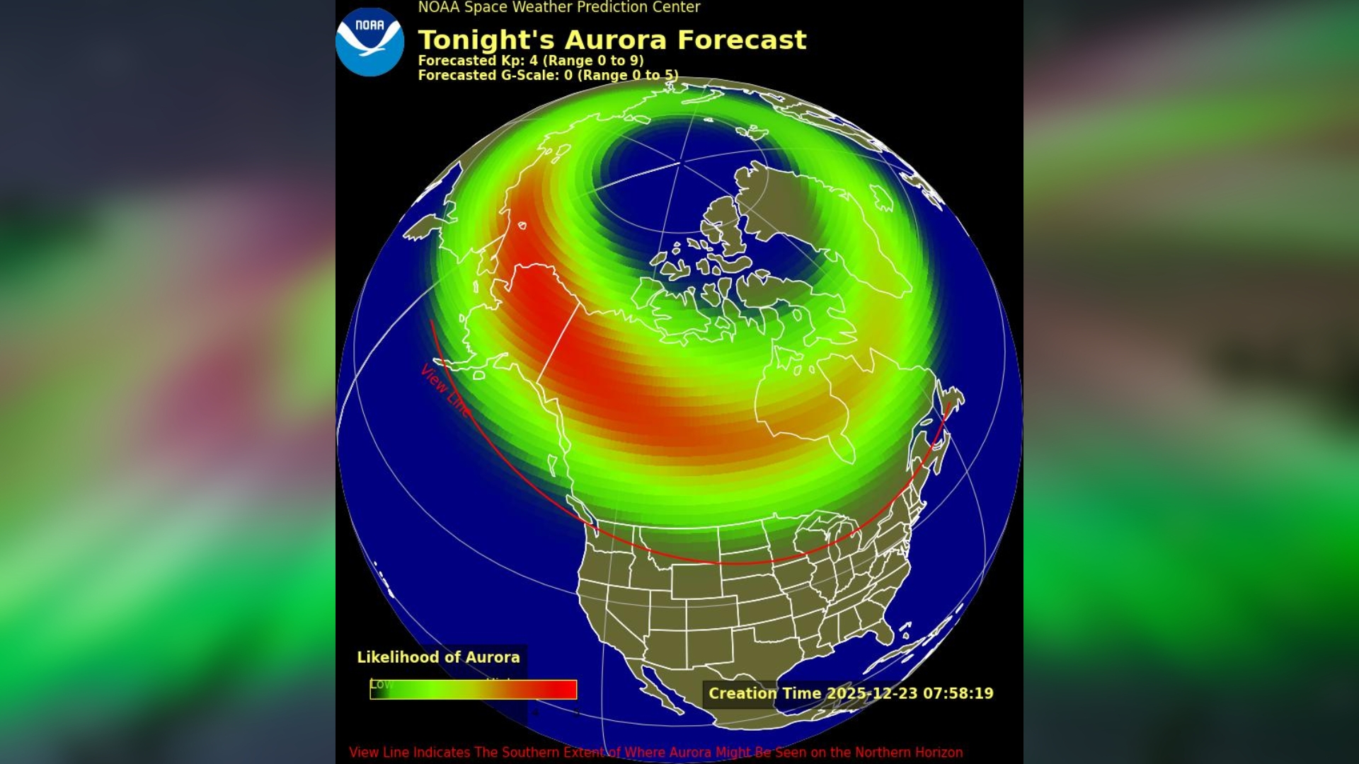 night sky map showing the 10 states where auroras could be visible as they're above, at least in some part, the aurora viewline for tonight dec. 23.