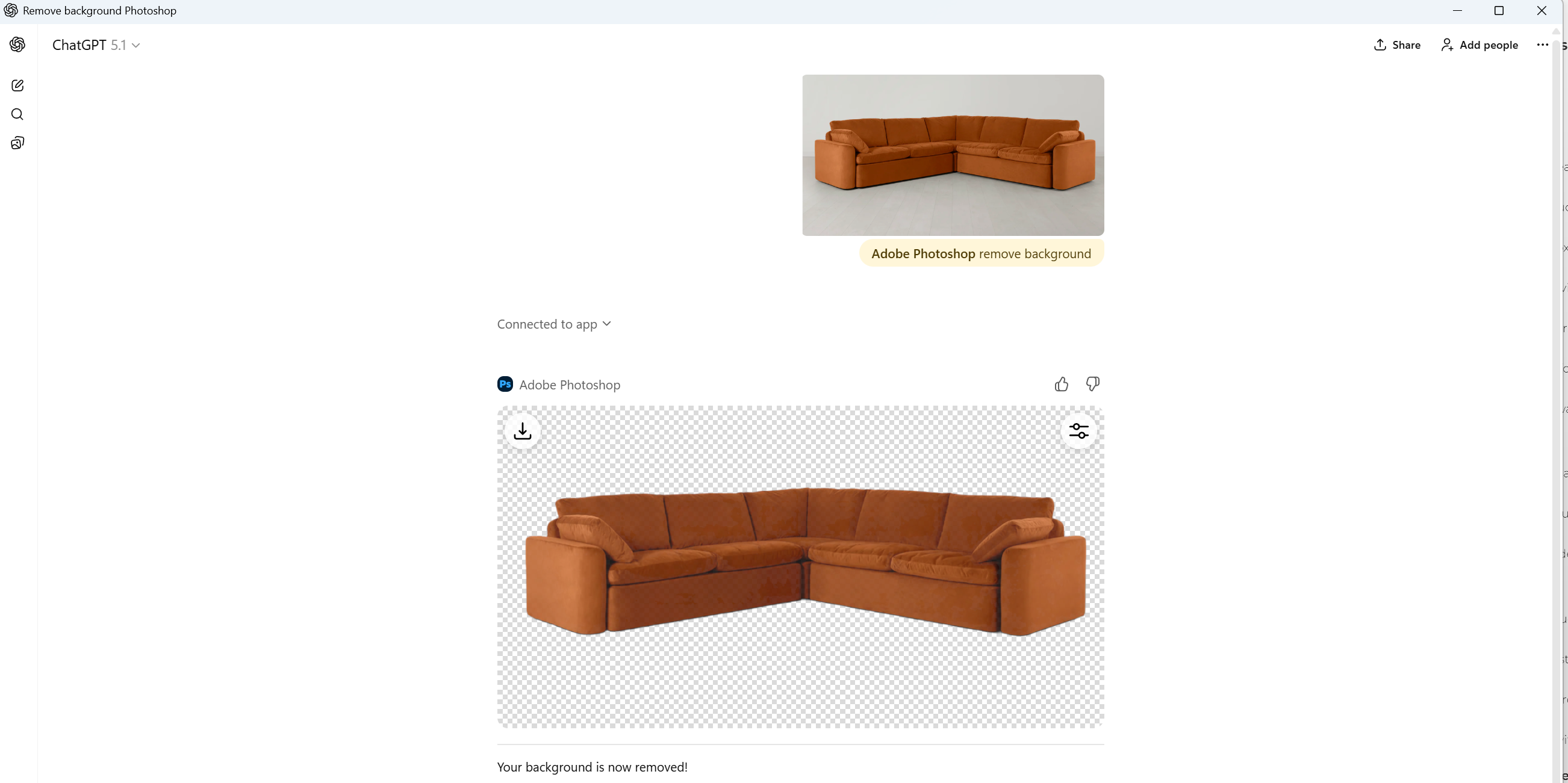 Background removal of sofa in ChatGPT with Adobe Photoshop