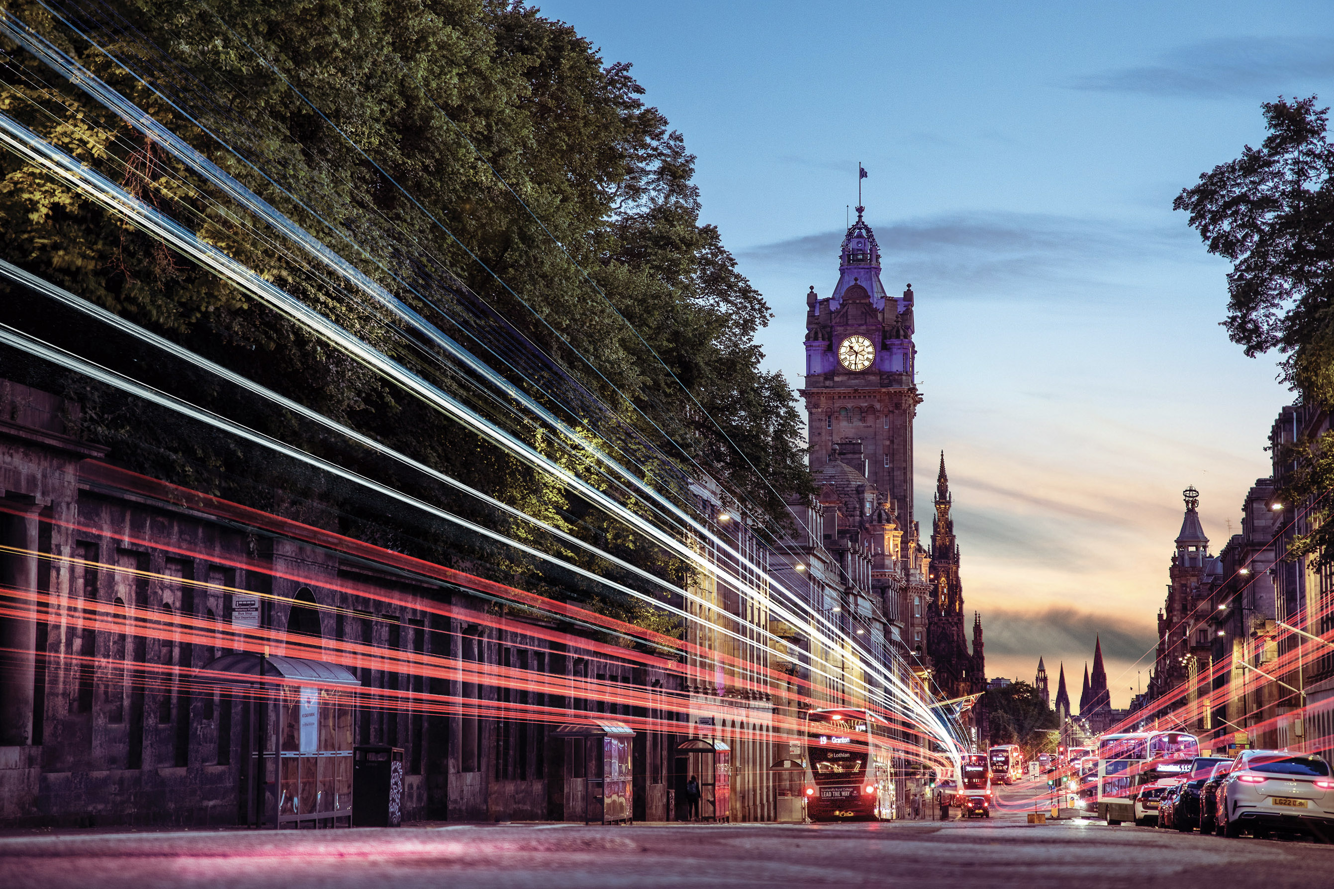 Images of a city street at sunset