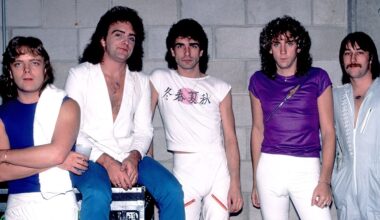 Portrait of the Canadian band Saga, left to right, Ian Crichton, Jim Crichton, Michael Sadler, Jim Gilmour, and Steve Negus at the Rosemont Horizon in Rosemont, Illinois, November 23, 1982. (Photo by Paul Natkin/Getty Images)