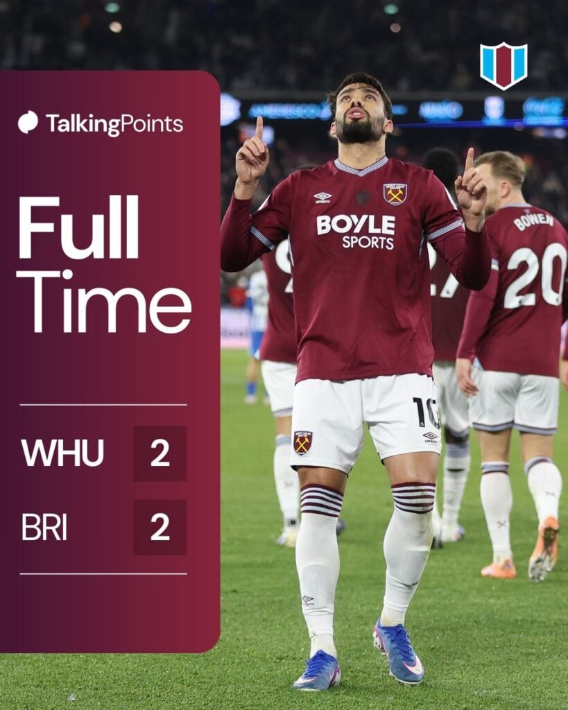 West Ham United's Lucas Paqueta celebrates scoring his side's second goal during the Premier League match between West Ham United and Brighton & Hove Albion at London Stadium on December 30, 2025 in London, England.
