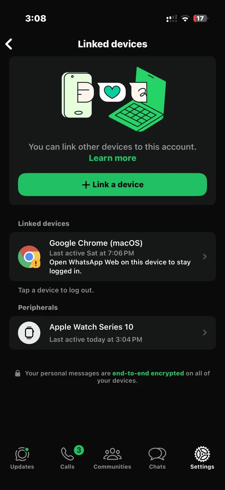 WhatsApp linked devices page with new Peripherals option.