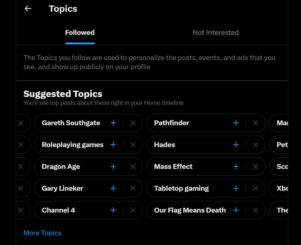 A screenshot of the Topics tab in X’s content settings.