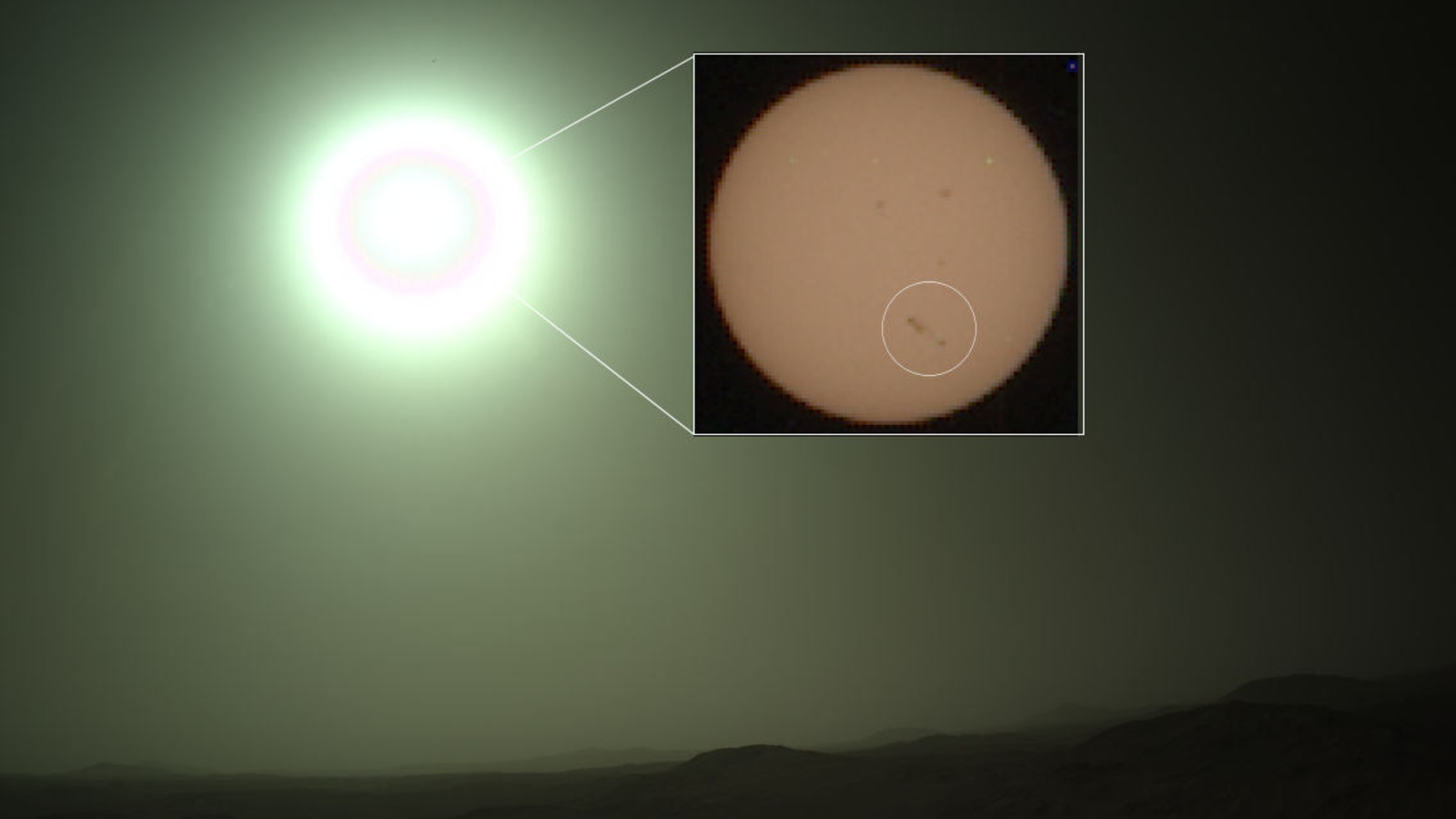 Photo of the sun taken by the Perseverance rover on Mars, with a close-up of the sunspot on the sun's far side