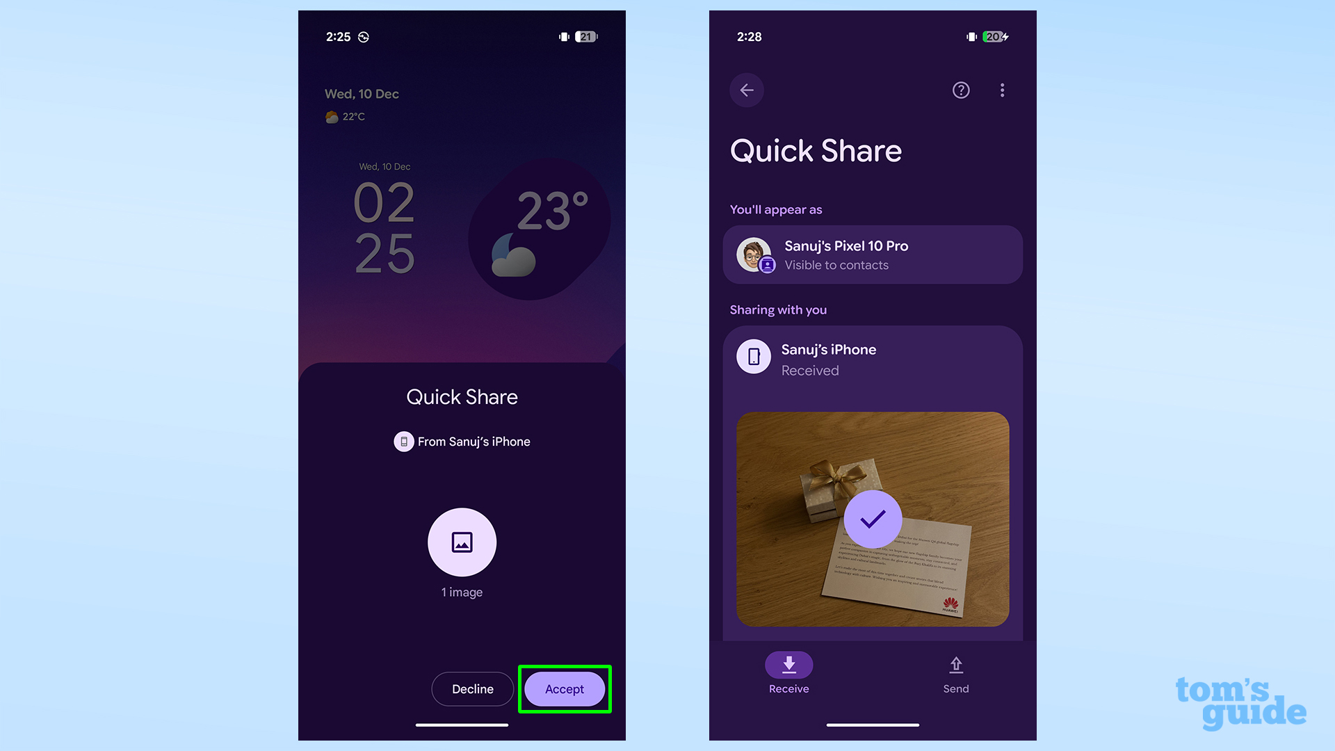 Confirming acceptance of a file sent using Quick Share between iPhone and Pixel