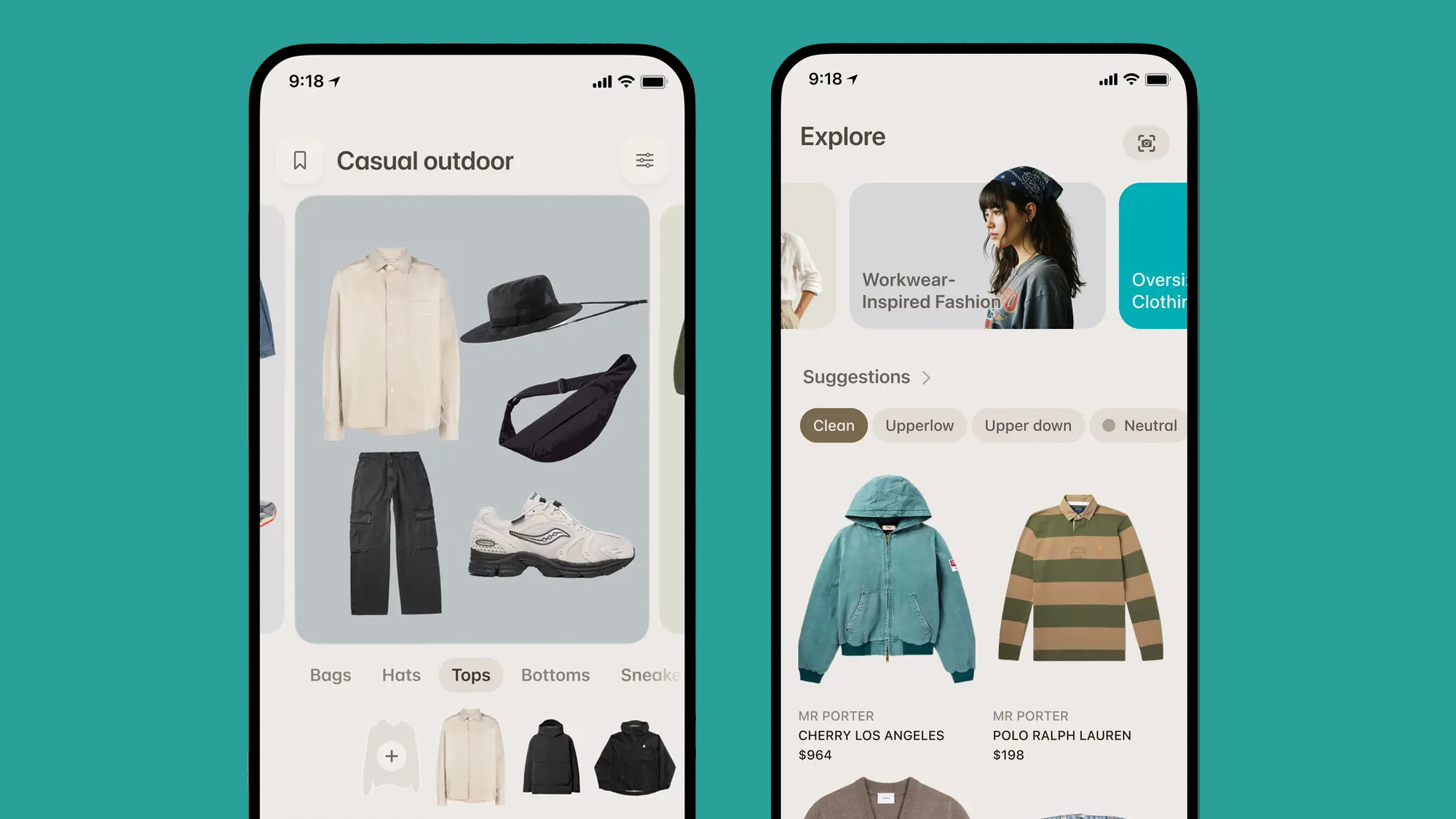 Two phones on a cyan background showing the Aesty app